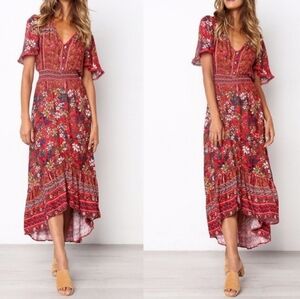 So Perla Womens Red Geometric Midi Maxi Dress Assymetrical Hem Size Small